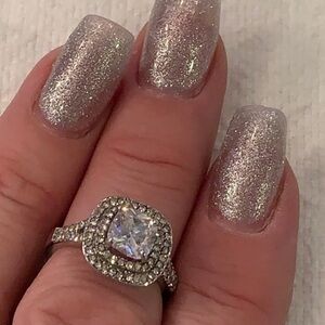 Square cut faux Diamond silver tone cocktail statement ring